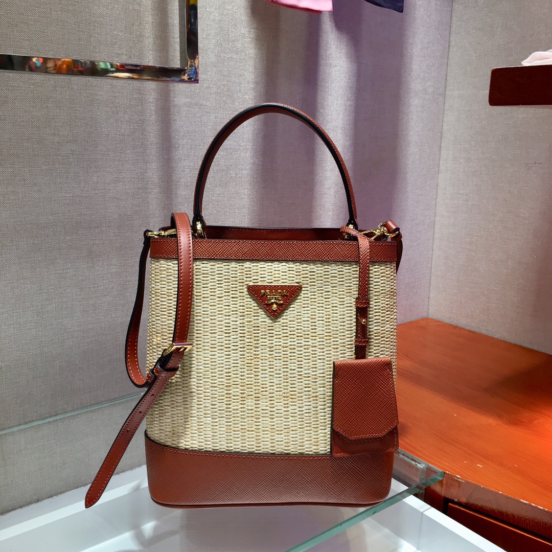 Prada Medium Panier Saffiano Leather And Weaving Materials Bag Tan/Caramel 1BA212